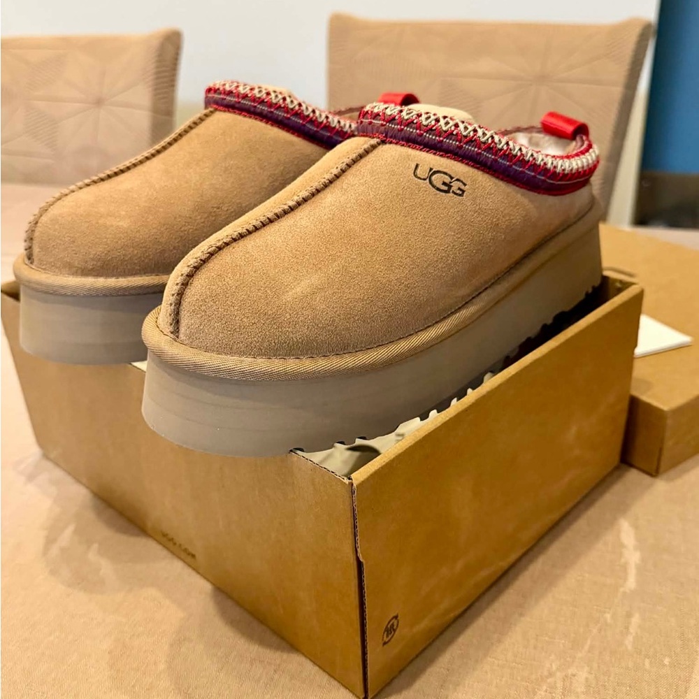 UGG Tan Suede Platform Slip-On Clogs with Red Trim